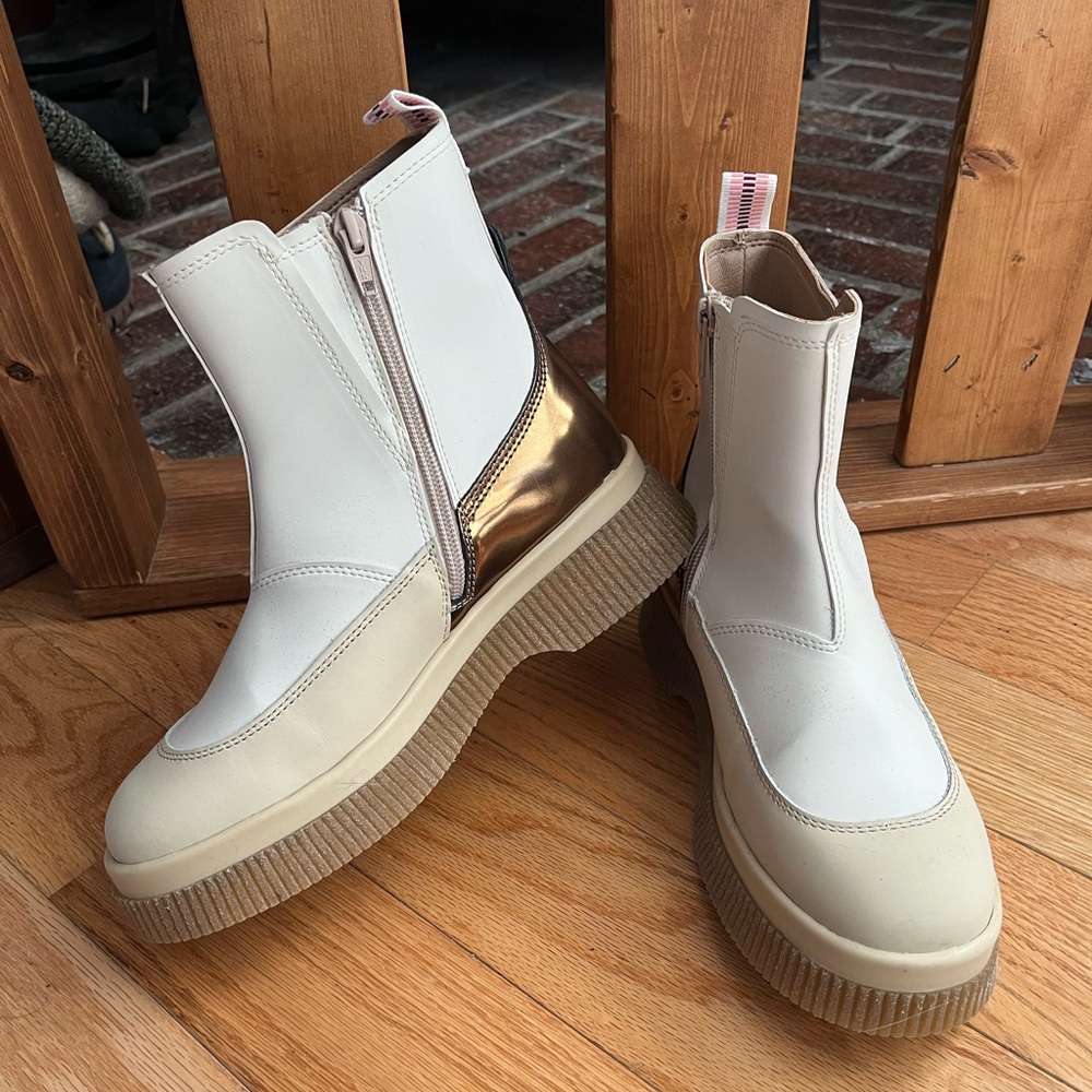 NEW SCOTCH & SODA Sandi Leather Chelsea Boots cream and gold metallic, 37